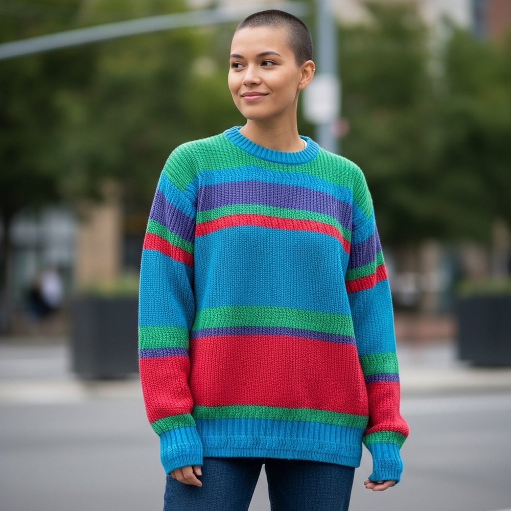 Woolrich Unique Vintage Unisex Colorblock Striped Crewneck Sweater Large